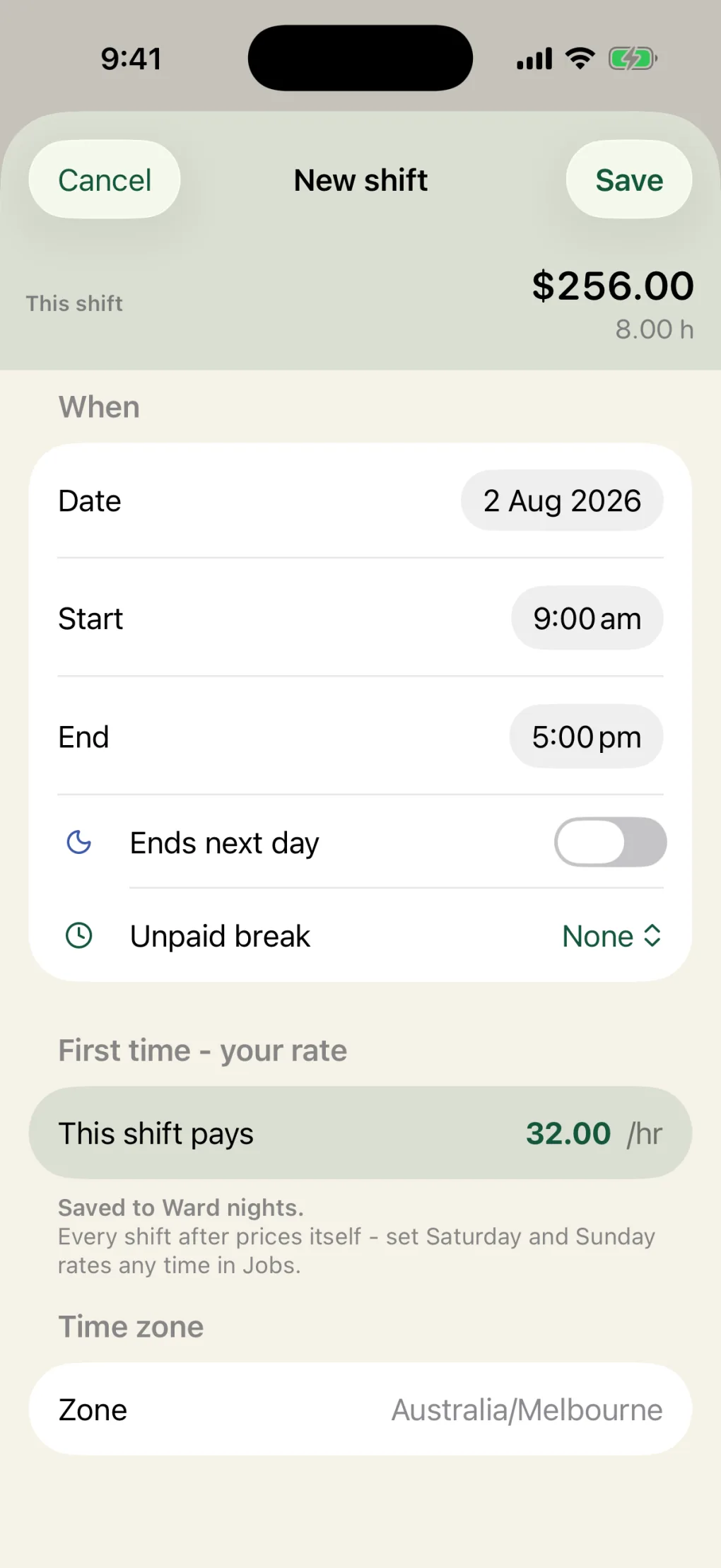 Owed add-shift screen with a live pay preview